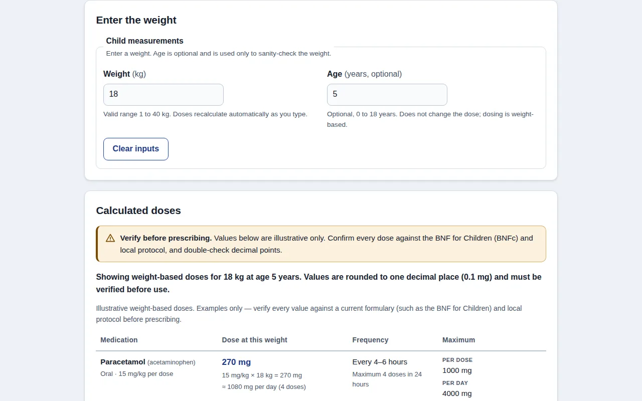Screenshot of Pediatric Weight-Based Dose Calculator
